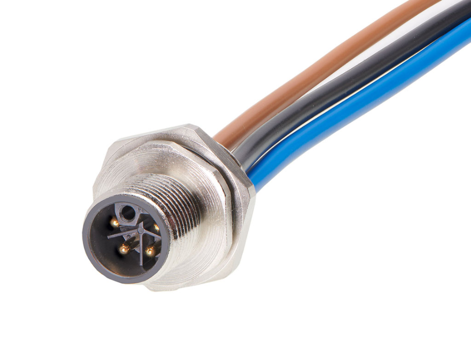 Micro-Change (M12) Receptacle, 4 Poles, L-Coded, M16x1.5 Threads, Male (Straight) to Leads, 0.20m (7.87") Length, 2.50mm² Wire, Front Panel Mount
