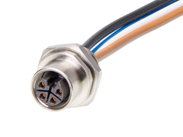 Micro-Change (M12) Receptacle, 4 Poles, L-Coded, M16x1.5 Threads, Female (Straight) to Leads, 0.50m (1.64') Length, 2.50mm² Wire, Front Panel Mount