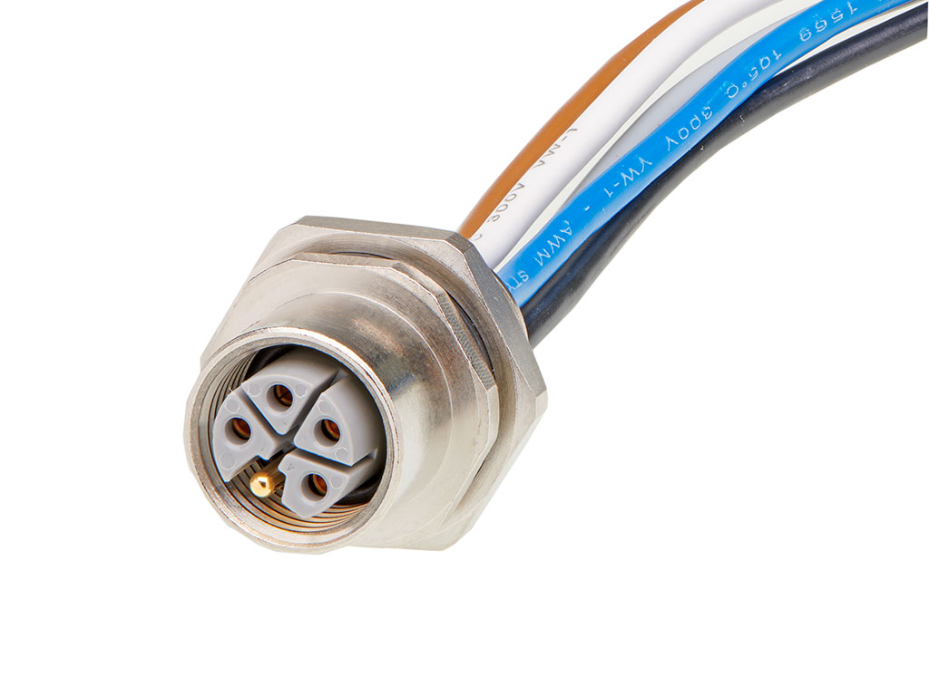 Micro-Change (M12) Receptacle, 5 Poles, L-Coded, M16x1.5 Threads, Female (Straight) to Leads, 1.0m (3.28') Length, 1.50mm² Wire, Front Panel Mount