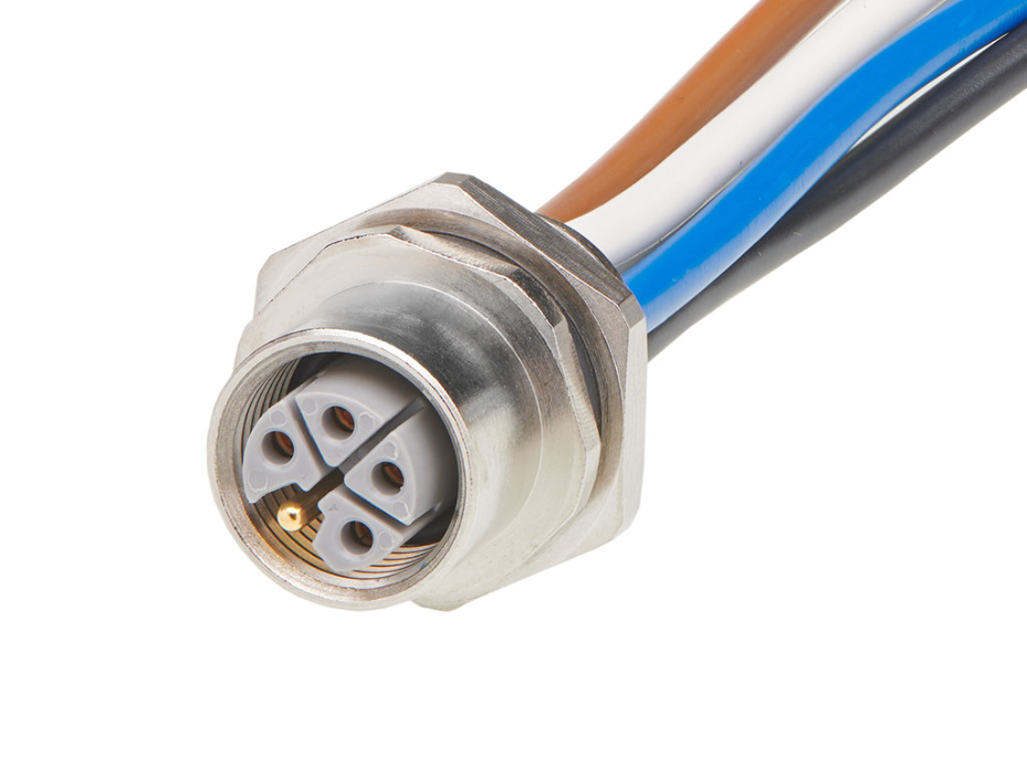 Micro-Change (M12) Receptacle, 5 Poles, L-Coded, M16x1.5 Threads, Female (Straight) to Leads, 2.0m (6.56') Length, 2.50mm² Wire, Front Panel Mount