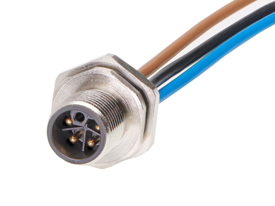 Micro-Change (M12) Receptacle, 4 Poles, L-Coded, M16x1.5 Threads, Male (Straight) to Leads, 1.0m (3.28') Length, 1.50mm² Wire, Front Panel Mount