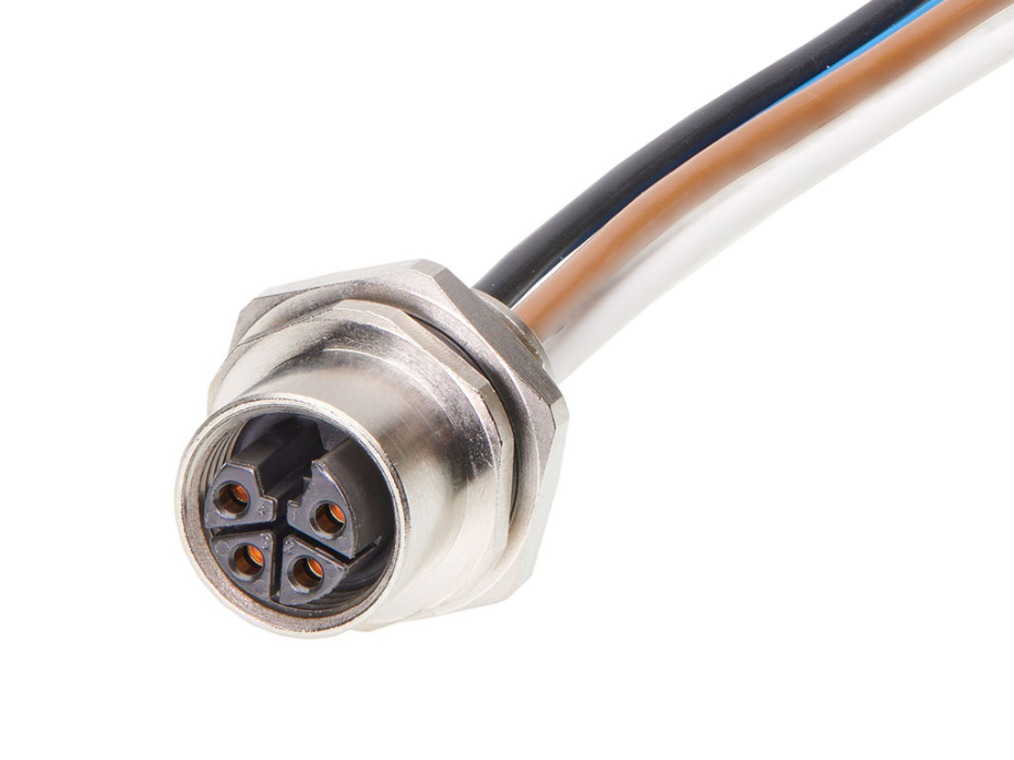 Micro-Change (M12) Receptacle, 4 Poles, L-Coded, M16x1.5 Threads, Female (Straight) to Leads, 2.0m (6.56') Length, 1.50mm² Wire, Front Panel Mount