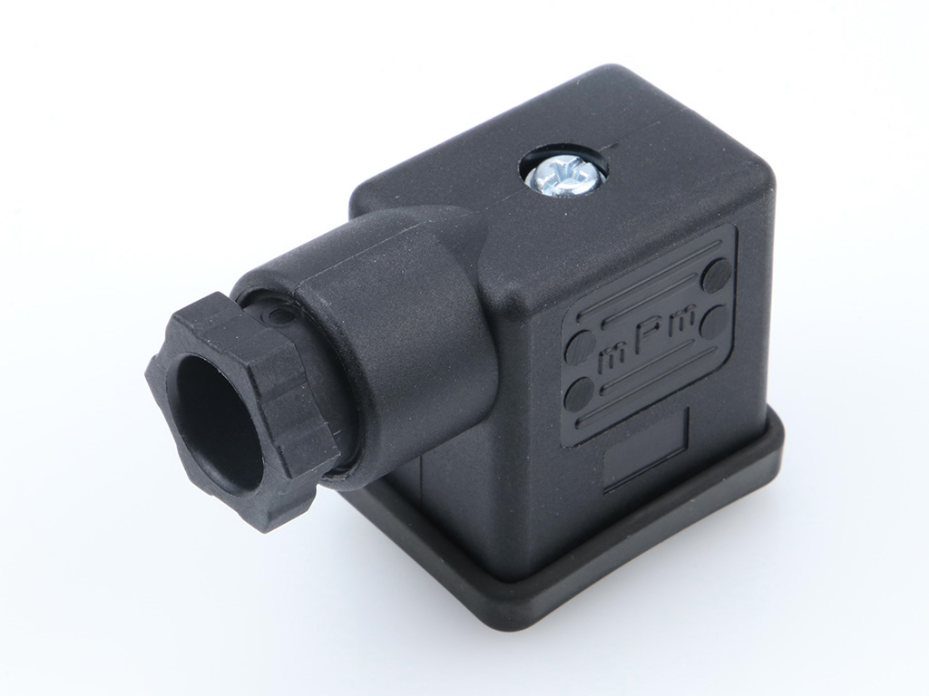 mPm DIN Valve Connector, Form B-11mm, PG9 Internal Threads, 2 Pole, H12 Ground Position, Black, Nitrile Profile Gasket and Screw, UL Listed, Mounted, Bulk Packed