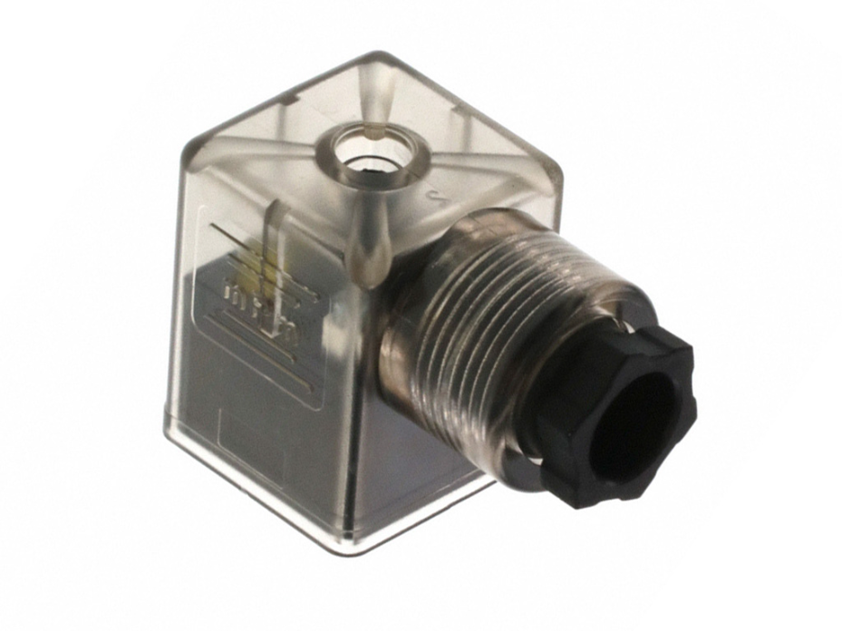 mPm DIN Valve Connector, Form B-11mm, PG9 Internal Threads, 2 Pole Plus Ground with A1 Circuit, 24V, Red LED, Transparent, Nitrile Profile Gasket and Screw, Mounted, Bulk Pack