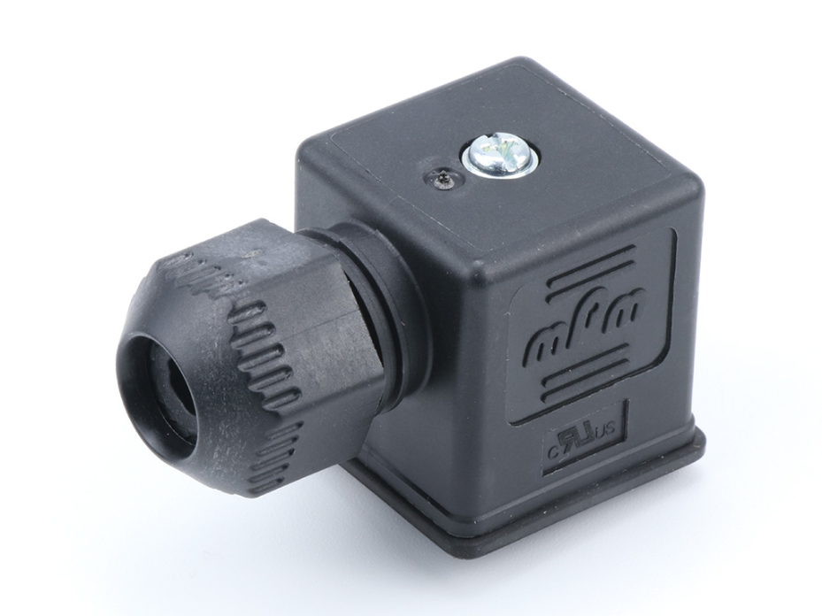 mPm DIN Valve Connector, Form A-18mm, External Thread, 2 Pole Plus Ground Terminal, 250V AC/DC, Black, Integrated Nitrile Gasket, UL94-V0 Rated, Bulk Pack, Mounted