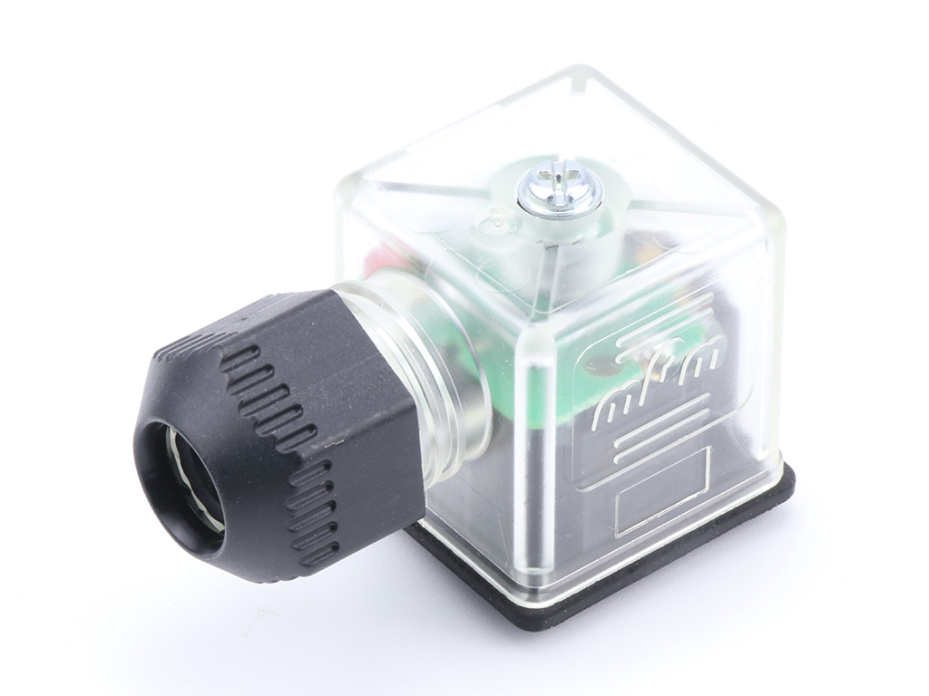 mPm DIN Valve Connector, Form A-18mm, External Threads, 2 Pole Plus Ground with C4 Circuit, 24V, Red LED + VDR, Transparent, Integrated Nitrile Gasket, Bulk Pack, Mounted