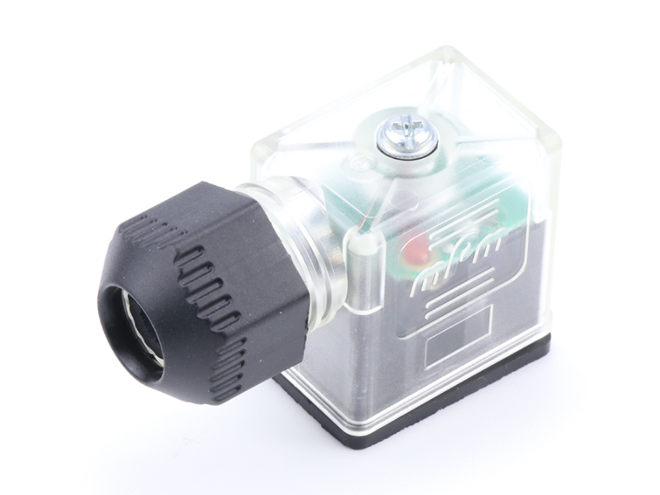 mPm DIN Valve Connector, Form B-11mm, External Thread, 2 Pole Plus Ground with C4 Circuit, 24V, Red LED + VDR, Transparent, Integrated Nitrile Gasket, Single Bag, Unmounted