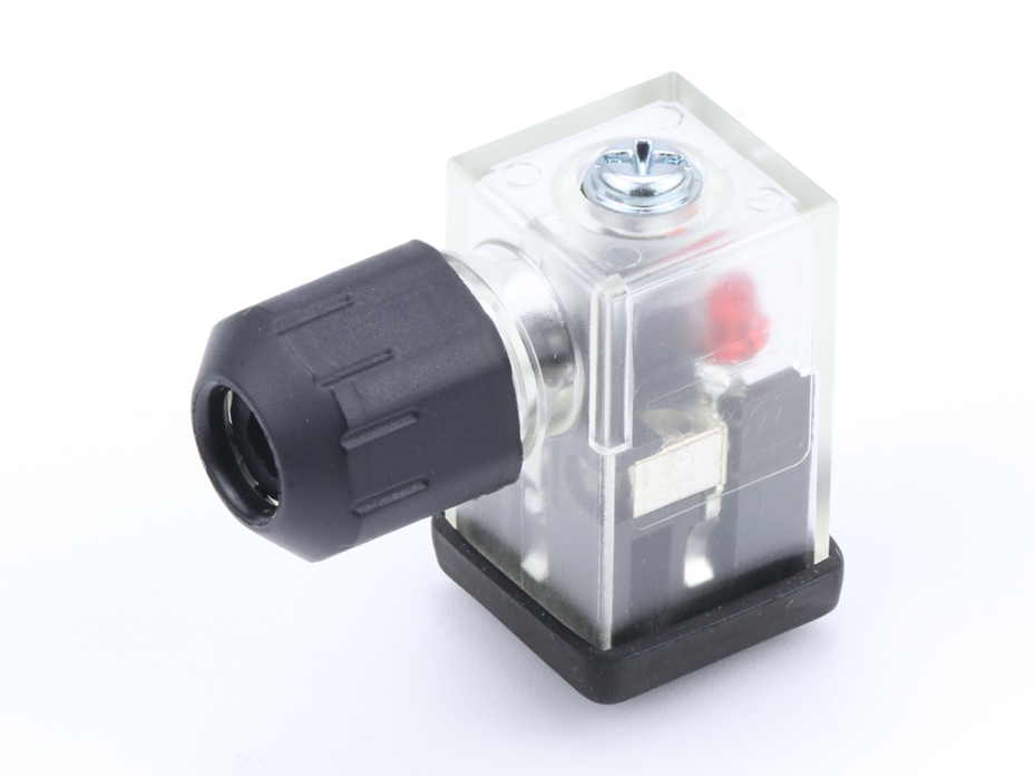 mPm DIN Valve Connector, Form C - Micro 9.4mm, External Threads, 2 Pole Plus Ground with C4 Circuit, 24V, Yellow LED + VDR, Transparent, Profiled Nitrile Gasket, Single Bag, Unmounted