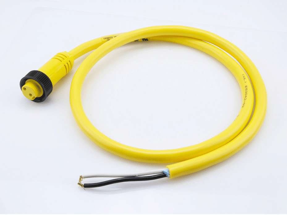 Mini-Change A-Size Single-Ended Cordset, 2 Poles, Female (Straight) to Pigtail, 16 AWG, Yellow PVC Cable, 3.66m (12.0') Length