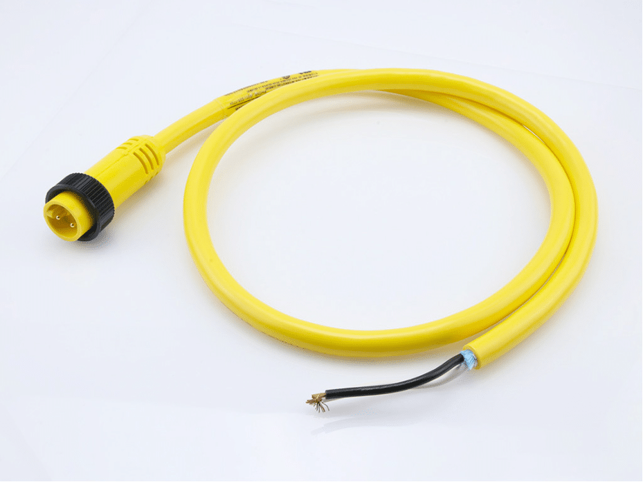 Mini-Change A-Size Single-Ended Cordset, 2 Poles, Male (Straight) to Pigtail, 16 AWG, Yellow PVC Cable, 1.83m (6.0') Length