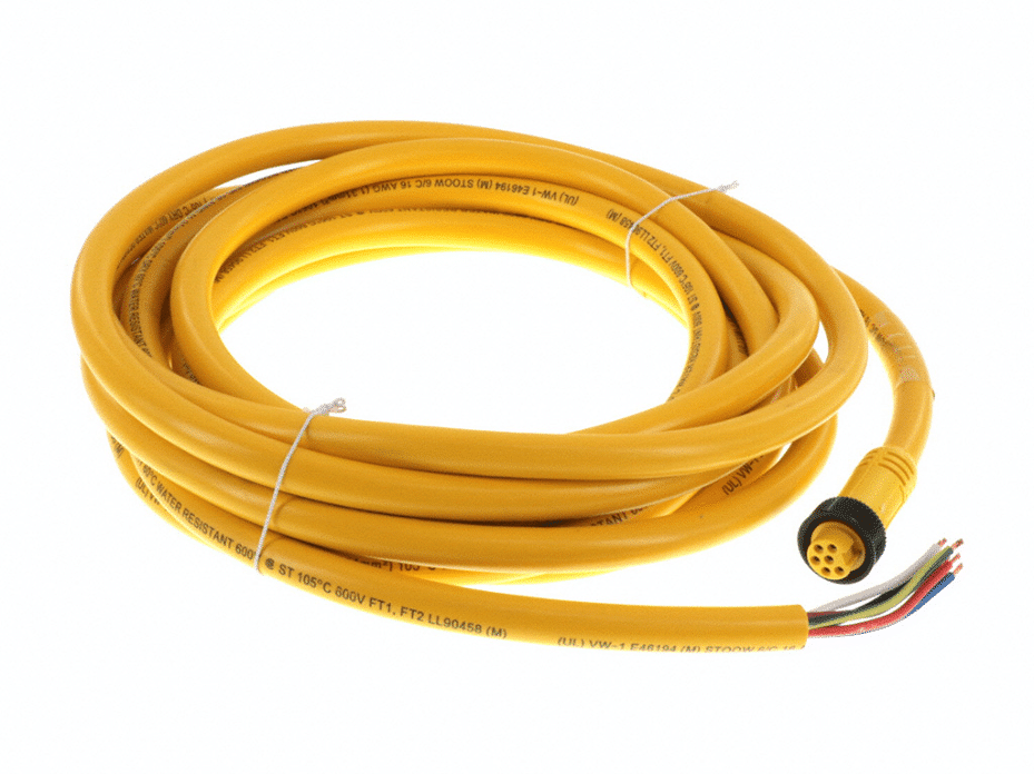 Mini-Change A-Size Single-Ended Cordset, 6 Poles, Female (Straight) to Pigtail, 16 AWG, Yellow PVC Cable, 6.10m (20.0') Length