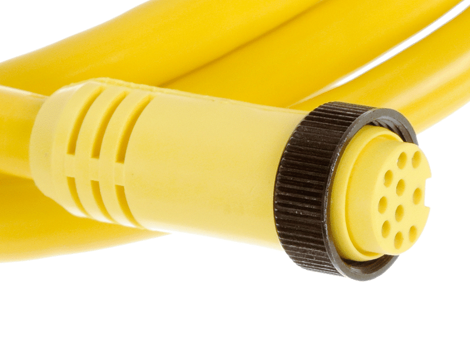 Mini-Change C-Size Single-Ended Cordset, 10 Poles, Female (Straight) to Pigtail, 16 AWG, Yellow PVC Cable, 3.66m (12.0') Length