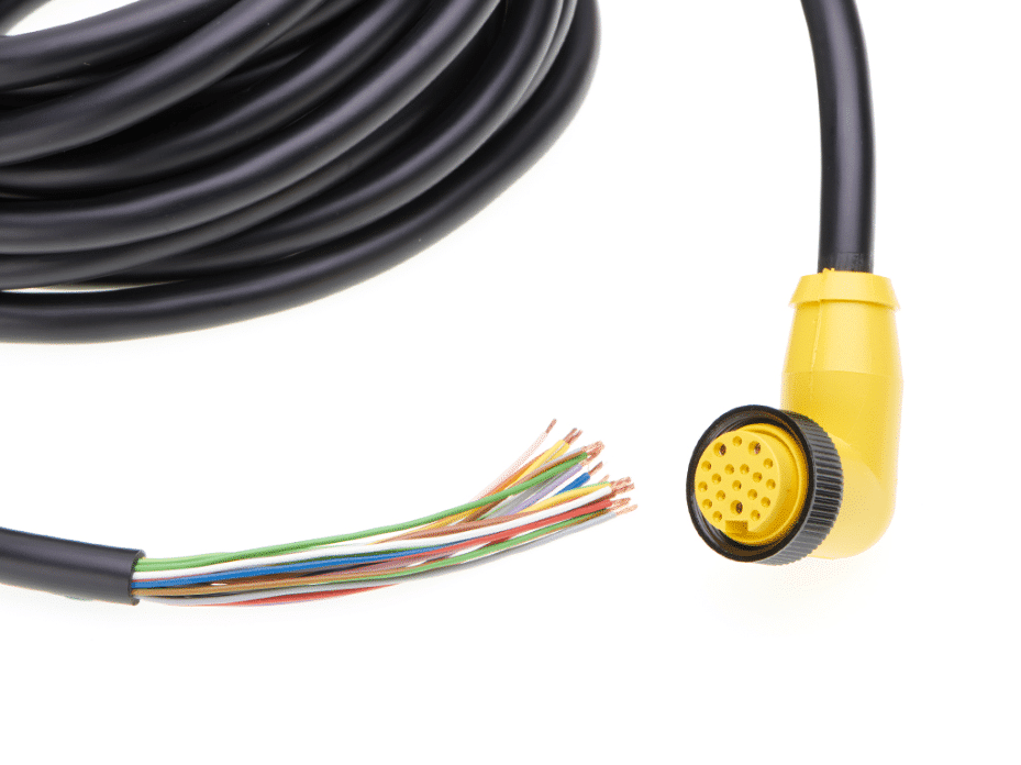 Mini-Change C-Size Single-Ended Cordset, 19 Poles, Female (90°) to Pigtail, 22-18 AWG, Black PUR Cable, 10.0m (32.81') Length