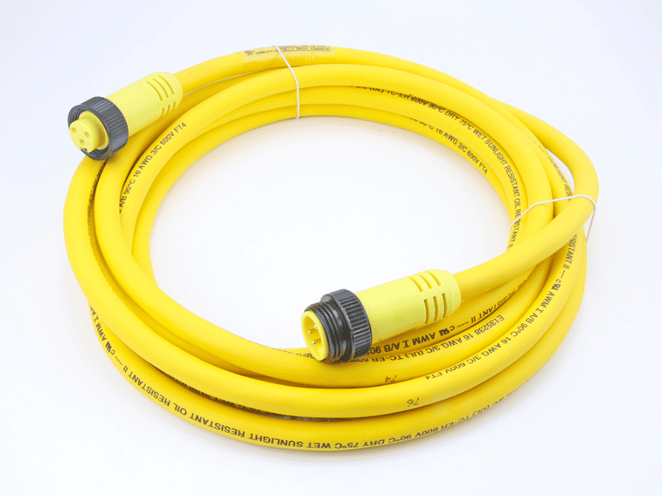 Mini-Change A-Size Double-Ended Cordset, 3 Poles, Male (Straight) to Female (Straight), 16 AWG, Yellow TPE Cable, 34.0m (111.55') Length