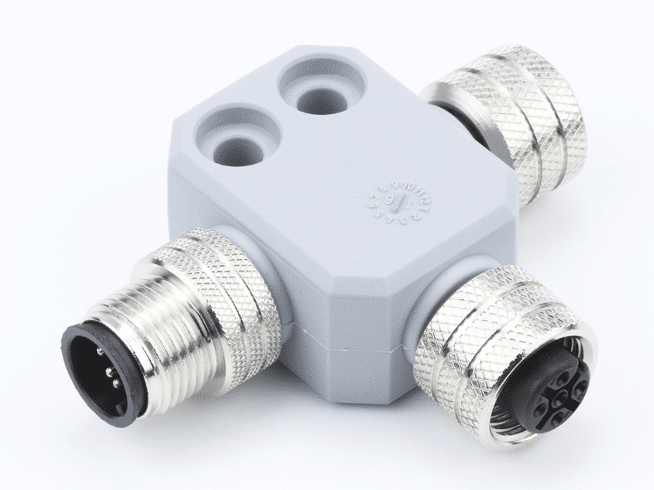 DeviceNet Trunk Micro-Change Tee, 5 Poles, Male/Female with Female Drop,  Nickel Plated Brass