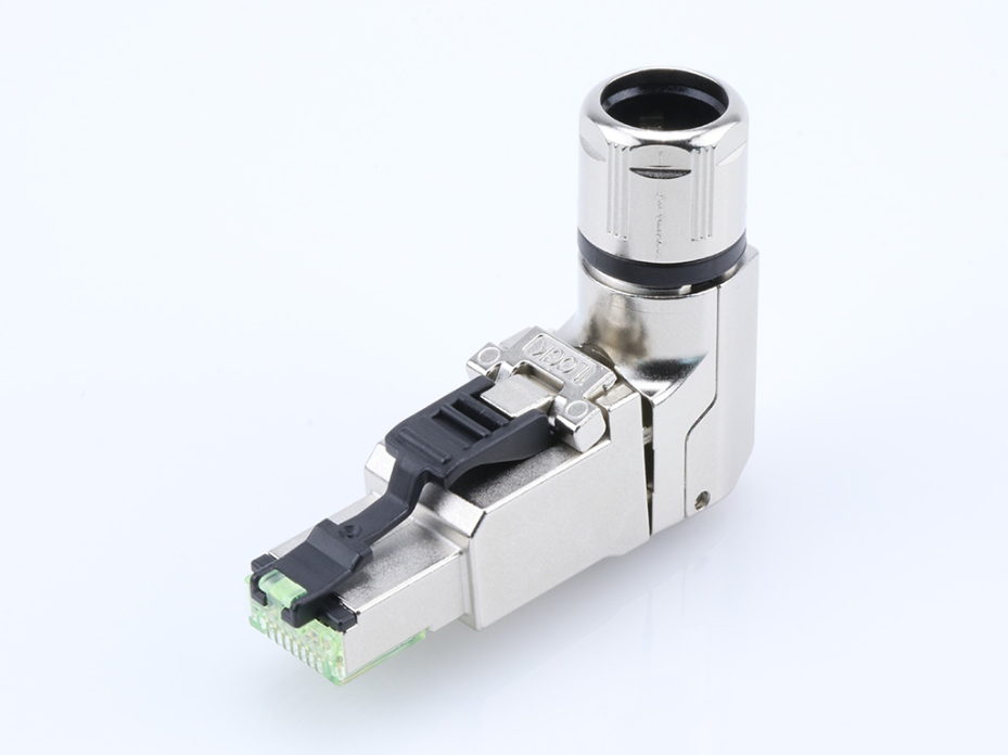 Brad RJ-45 Field Attachable Connector, 8 Poles, X-Coded, Right-Angle, Male, Shielded, IDC Termination, AWG 26-24
