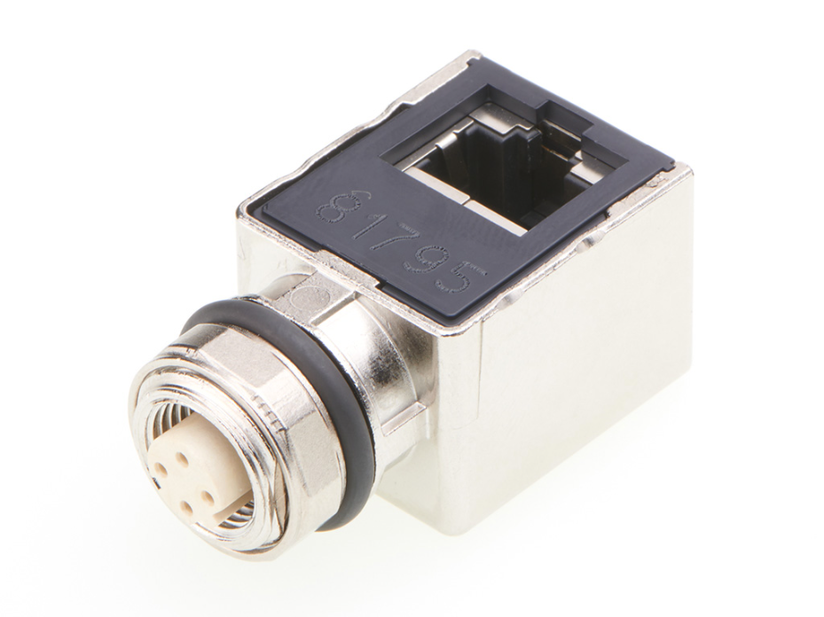 Micro-Change (M12) 4 Pole, 90° D-Coded Adapter Female to Female RJ45, M16 x 1.5 Back Panel Mount