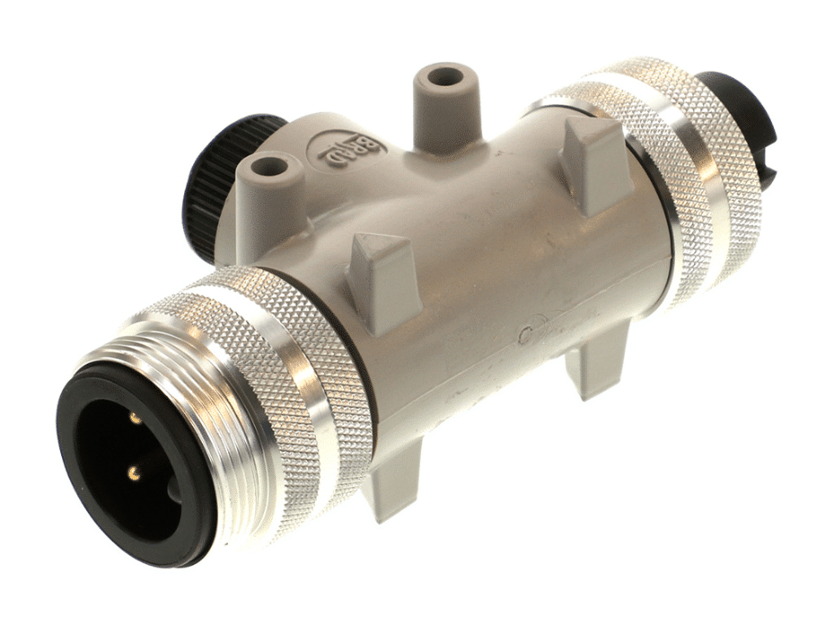 BradPower D-Size (1 3/8"–M35) 4-Pole Reducing Tee, with 4-Pole BradPower  A-Size (7/8"–M22) Drop, Gray