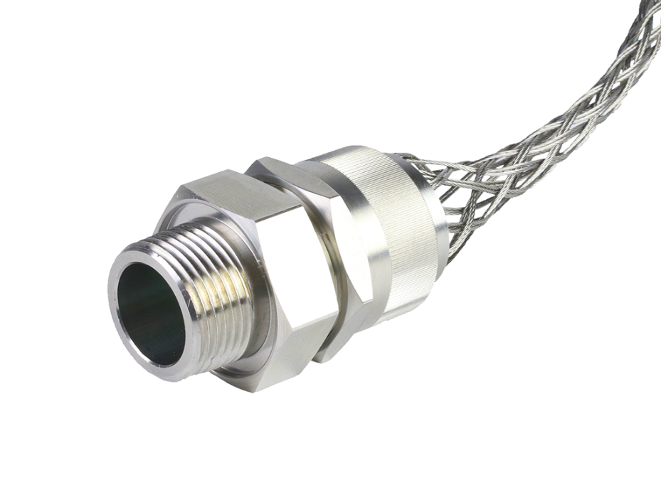 MAX-LOC Strain Relief Cord-Sealing Grip, 3/4" NPT, Straight Male, Cable Diameter 14.27-17.45mm (.562-.687"), Stainless Steel Mesh and Compression Nut