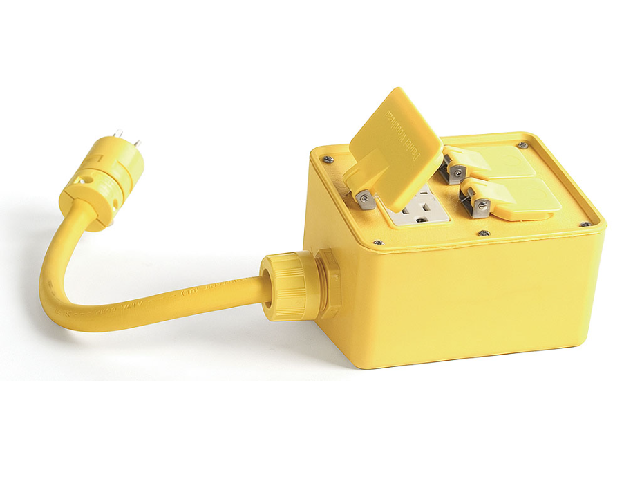 Super-Safeway Angled GFCI Outlet Box, F3 (3/4") Cord Grip Body, Including NEMA 5-20 GFCI & Duplex Receptacles with Flip Lids and 1.83m (6.0') Cord Length, 12/3 SOOW Cord