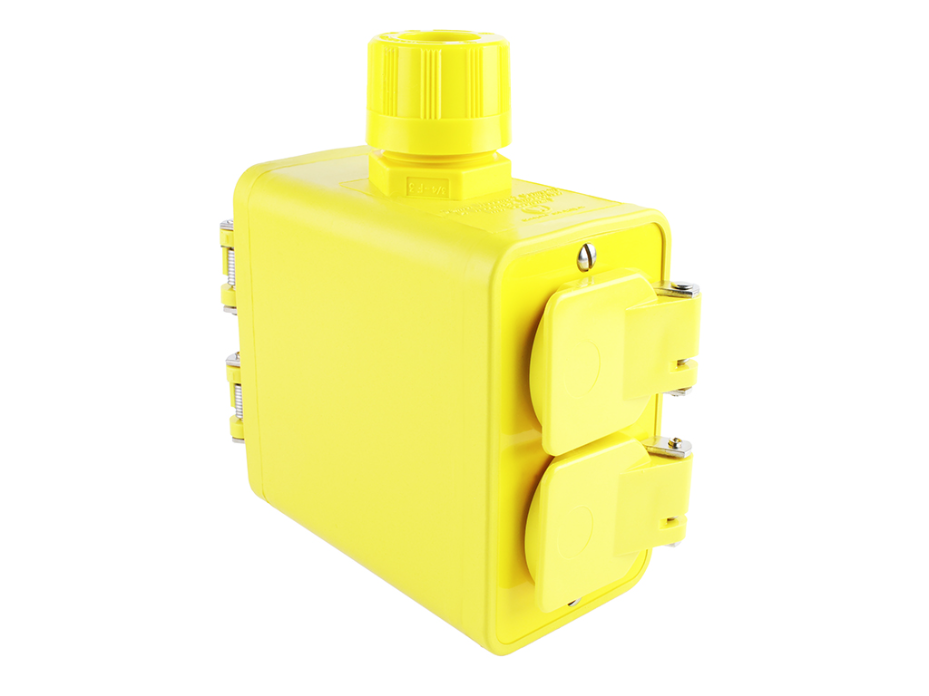 Super-Safeway Multiple Outlet Box, Extended Depth, 2-Sided, F3 3/4" Cord  Grip Body, with Flip Lids, (2) NEMA 5-15 Duplex Receptacles