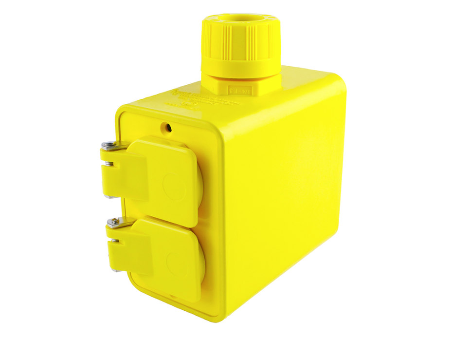 Super-Safeway Multiple Outlet Box, Extended Depth, 2-Sided, F3 (3/4") Cord Grip Body, with Flip Lids for (2), NEMA 5-20 Duplex Receptacles