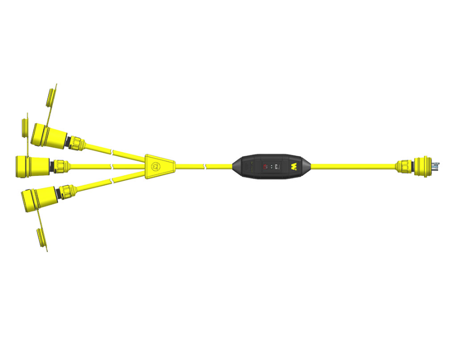 Super-Safeway In-Line Industrial GFCI, IP69K, Portable, Single Phase, Manual Reset, Flying Leads (Primary), W-Splice to (3) NEMA 5-20 Watertite Extreme Receptacles (Secondary), 20A, 120V, 12/3 SJOOW Cord, 0.76m (2.5') Cord Length