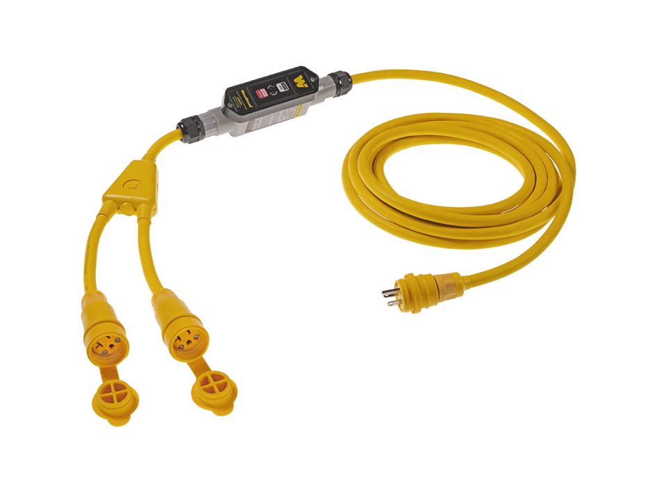 Super-Safeway In-Line Industrial GFCI, IP69K, Portable, Single Phase, Manual Reset, Flying Leads (Primary), Y-Splice to (2) NEMA 5-20 Watertite Extreme Receptacles (Secondary), 20A, 120V, 12/3 SJOOW Cord, 0.76m (2.5') Cord Length