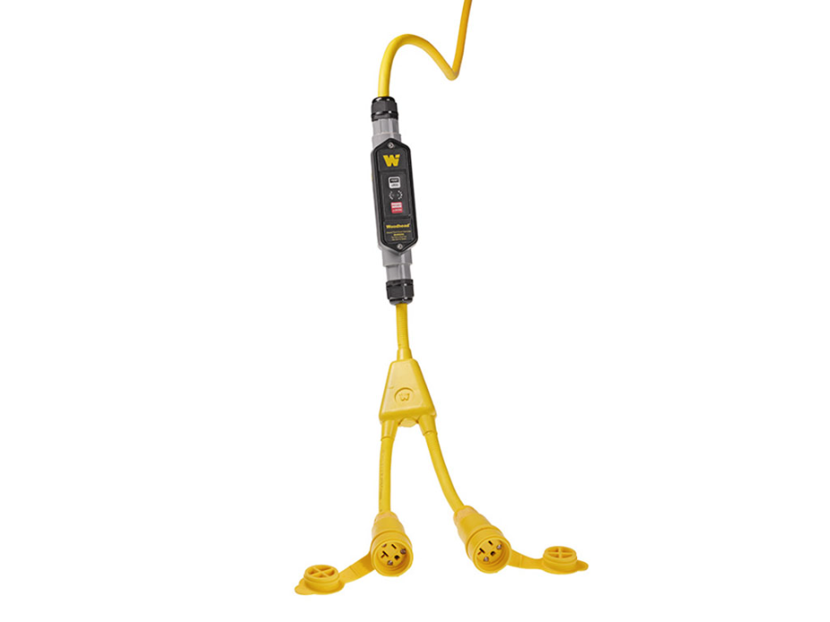 Super-Safeway In-Line Industrial GFCI, IP69K, Portable, Single Phase, Manual Reset, Flying Leads (Primary), Y-Splice to (2) NEMA 5-20 Watertite Extreme Receptacles (Secondary), 20A, 120V, 12/3 SOOW Cord, 13.72m (45') Cord Length
