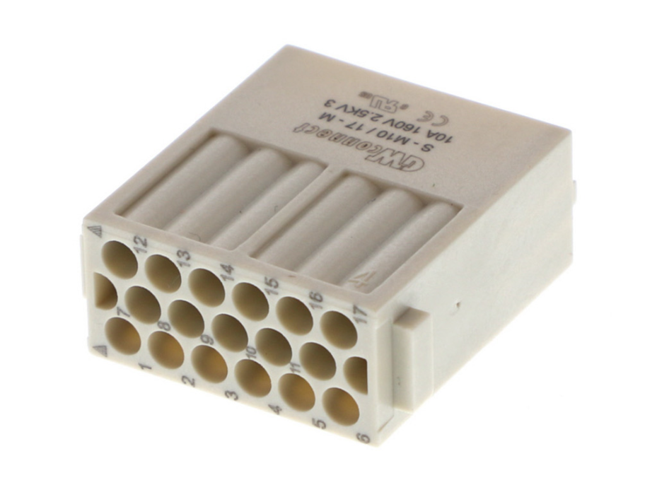 GWconnect Crimp Contact Insert, Male, 17-Pole, 10A, for Turned Crimp Contacts, Size «34.2x14.6»