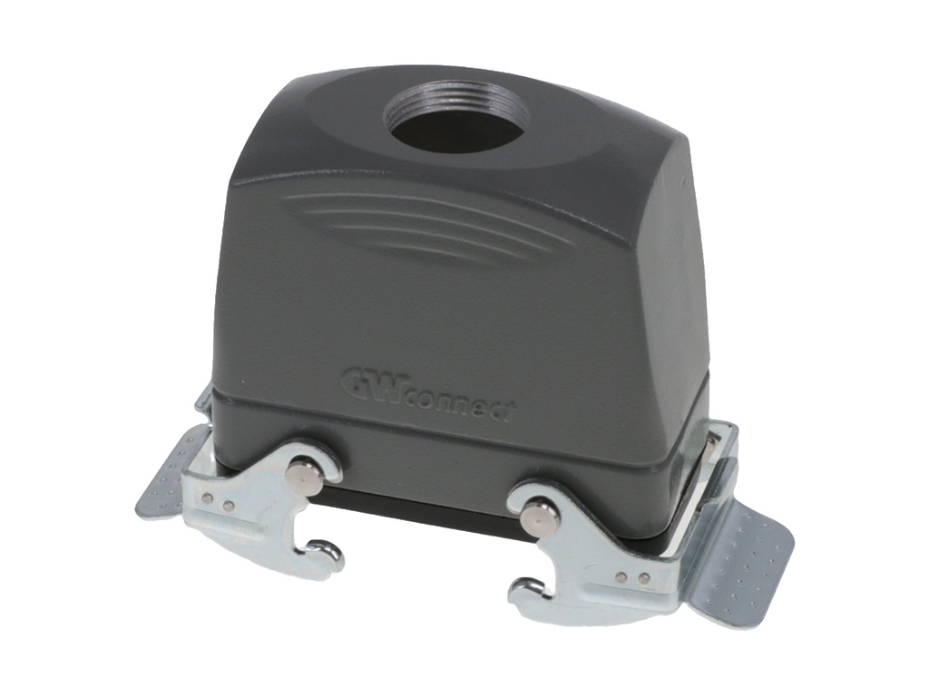 GWconnect STD - Standard, Double Lever Coupler, Die-cast Aluminum, with 2 Levers, Top Entry, with Gasket, Size 16B «77x27», Pg21 Thread, High Construction, Grey