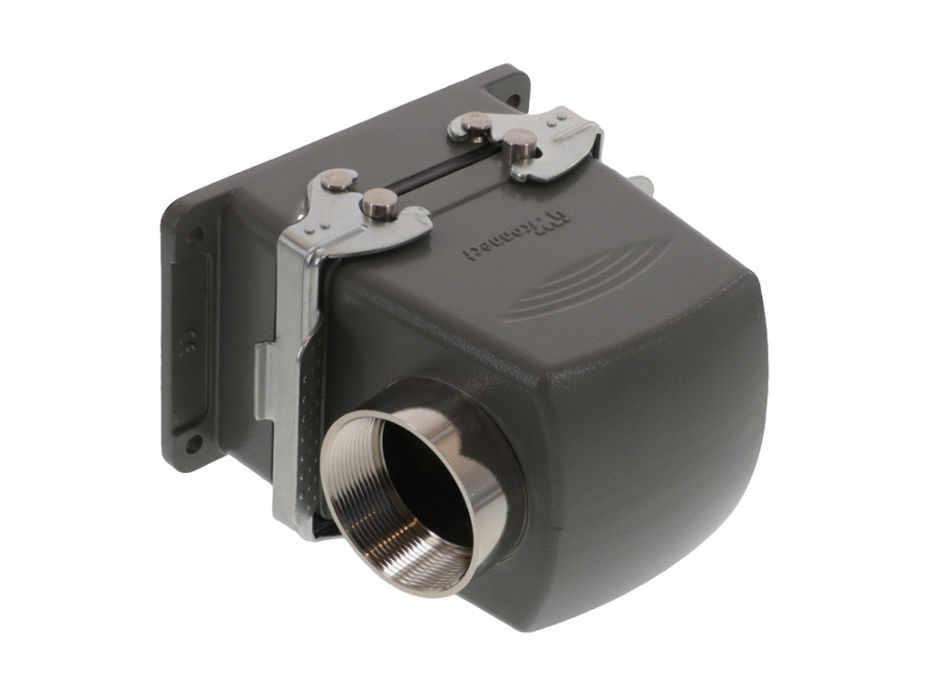 GWconnect Connector Kit, 32 Pole, Series S-E Female-Male Inserts, Pg36 Extended Threaded Fitting Die-cast Aluminum Hood-Side Entry, Bulkhead Mount Housing-Vertical, 2 Lever, Size 32B «77x62», Grey
