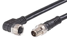 Nano-Change (M8) Double-Ended Cordset with Knurled Hexnut, 3 Poles, A-Coded, Male (Straight) to Female (90°), 24 AWG, Black PVC Cable, 1.0m (3.28') Length
