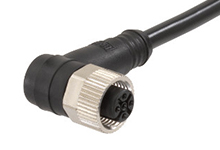 Micro-Change (M12) Single-Ended Cordset with Knurled Hexnut, 4 Poles, Female (90°) to Pigtail, 22 AWG, Yellow TPU WSOR Cable, Yellow Overmold, 5.0m (16.40') Length