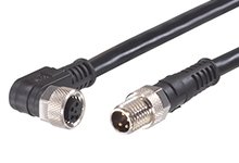 Nano-Change (M8) Double-Ended Cordset with Knurled Hexnut, 5 Poles, B-Coded, Male (Straight) to Female (90°), 24 AWG, Black PUR Cable, 2.0m (6.56') Length