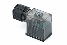 mPm DIN Valve Connector, Form B-11mm, External Thread, 2 Pole Plus Ground with C3 Circuit, 24V, Red LED, Transparent, Nitrile Gasket