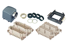 GWconnect Connector Kit, 32 Pole, Series S-E Female-Male Inserts, M50 Metal Cable Gland, M50 Extended Threaded Fitting Die-cast Aluminum Hood-Side Entry, Bulkhead Mount Housing-Vertical, 2 Lever, Size 32B «77x62», Grey